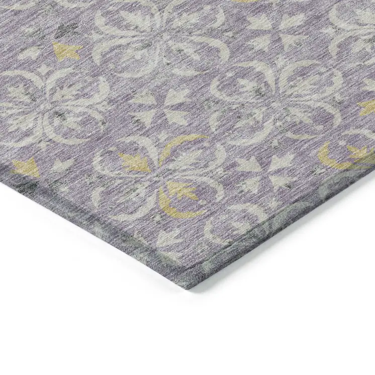 8' X 10' Lavender Gold And Gray Floral Washable Indoor Outdoor Area Rug