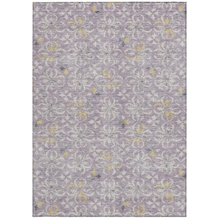 9' X 12' Lavender Gold And Gray Floral Washable Indoor Outdoor Area Rug