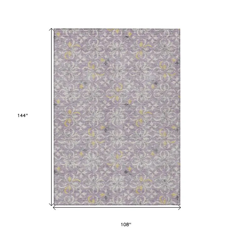 9' X 12' Lavender Gold And Gray Floral Washable Indoor Outdoor Area Rug