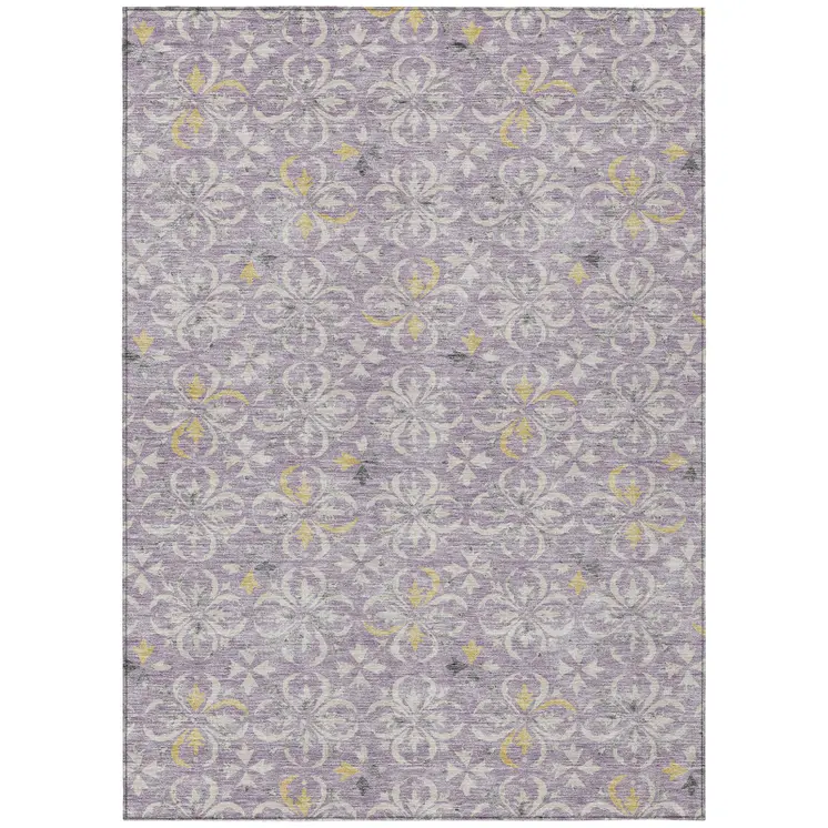 9' X 12' Lavender Gold And Gray Floral Washable Indoor Outdoor Area Rug