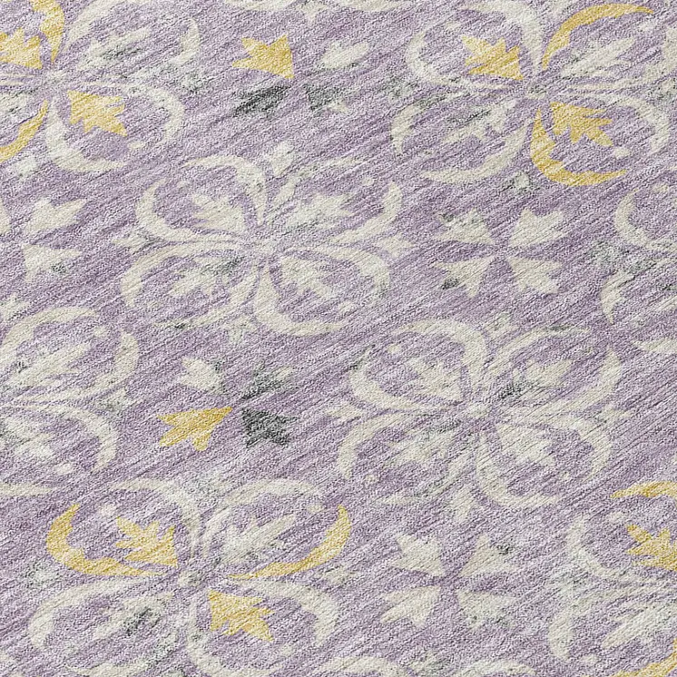 9' X 12' Lavender Gold And Gray Floral Washable Indoor Outdoor Area Rug