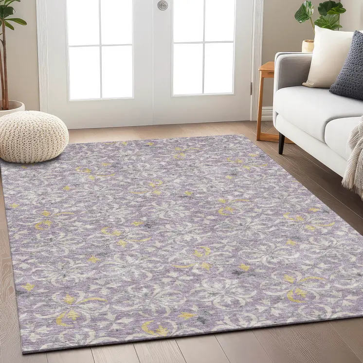 9' X 12' Lavender Gold And Gray Floral Washable Indoor Outdoor Area Rug