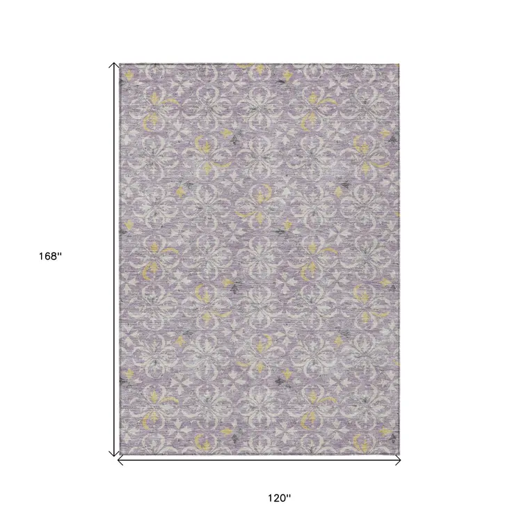 10' X 14' Lavender Gold And Gray Floral Washable Indoor Outdoor Area Rug