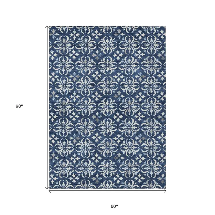5' X 8' Navy Blue And Ivory Floral Washable Indoor Outdoor Area Rug