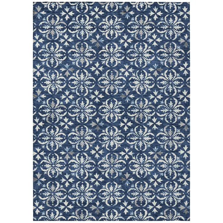 5' X 8' Navy Blue And Ivory Floral Washable Indoor Outdoor Area Rug