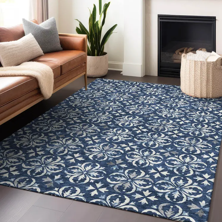 5' X 8' Navy Blue And Ivory Floral Washable Indoor Outdoor Area Rug