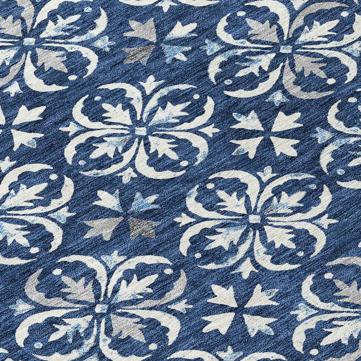 8' Navy Blue And Ivory Round Floral Washable Indoor Outdoor Area Rug