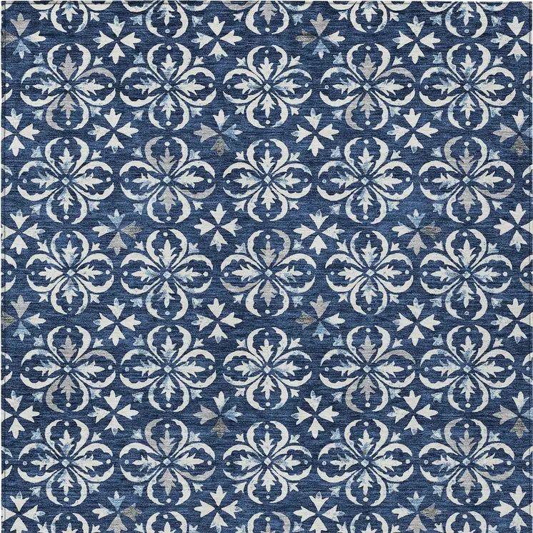 9' X 12' Navy Blue And Ivory Floral Washable Indoor Outdoor Area Rug