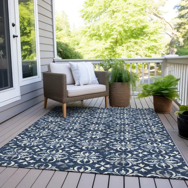 9' X 12' Navy Blue And Ivory Floral Washable Indoor Outdoor Area Rug