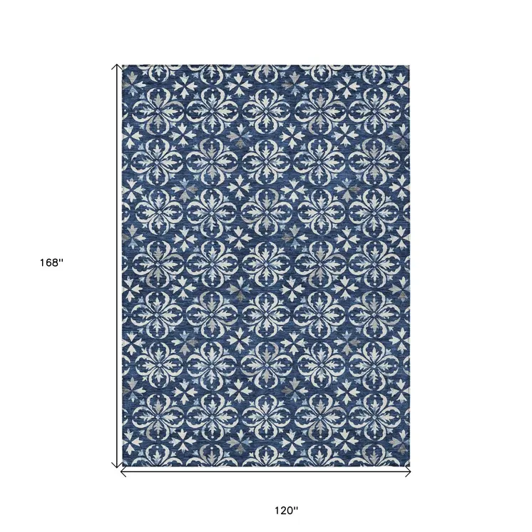 10' X 14' Navy Blue And Ivory Floral Washable Indoor Outdoor Area Rug