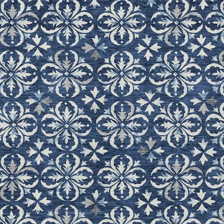 10' X 14' Navy Blue And Ivory Floral Washable Indoor Outdoor Area Rug