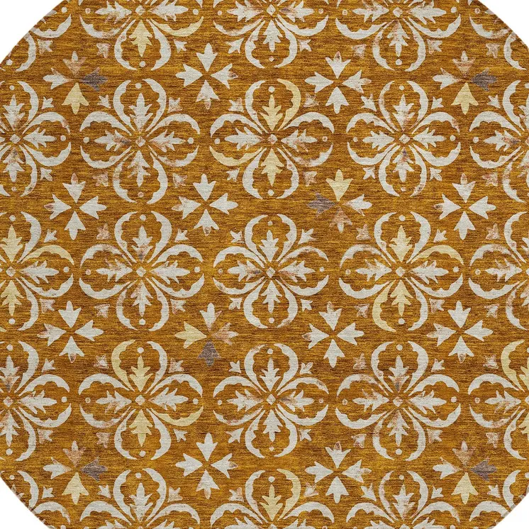 8' Copper And Beige Round Floral Washable Indoor Outdoor Area Rug