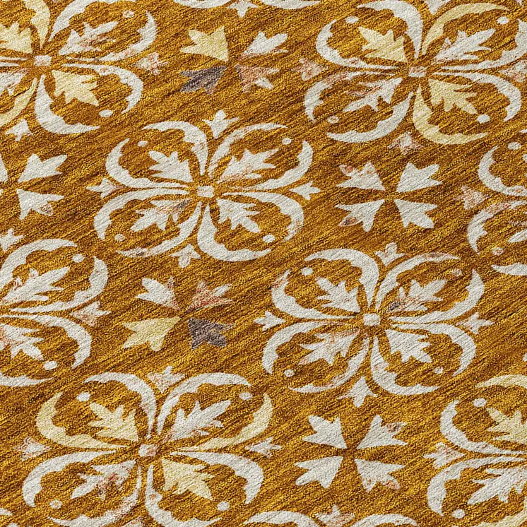 8' Copper And Beige Round Floral Washable Indoor Outdoor Area Rug