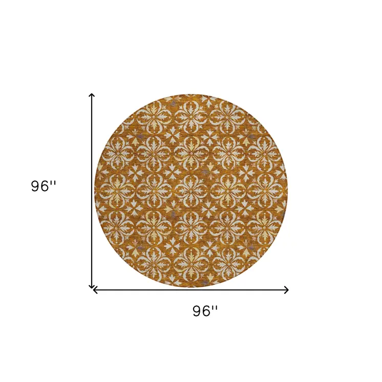 8' Copper And Beige Round Floral Washable Indoor Outdoor Area Rug