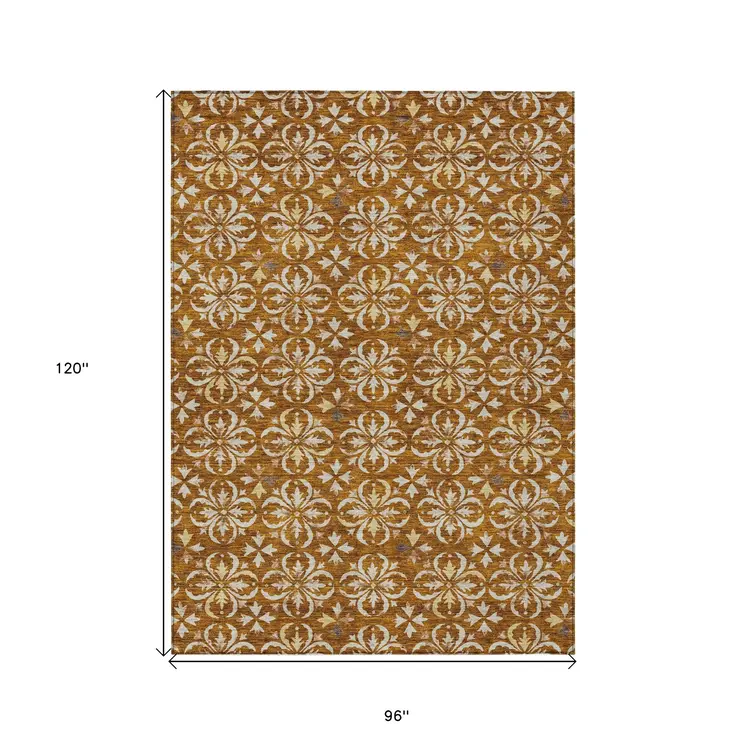 8' X 10' Copper And Beige Floral Washable Indoor Outdoor Area Rug