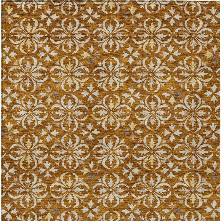 9' X 12' Copper And Beige Floral Washable Indoor Outdoor Area Rug