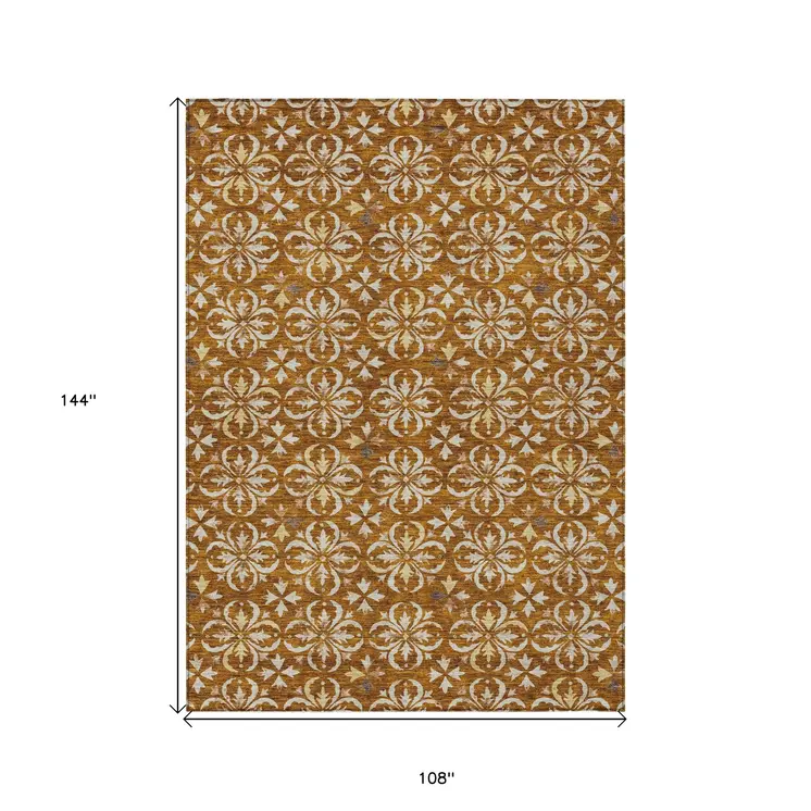 9' X 12' Copper And Beige Floral Washable Indoor Outdoor Area Rug