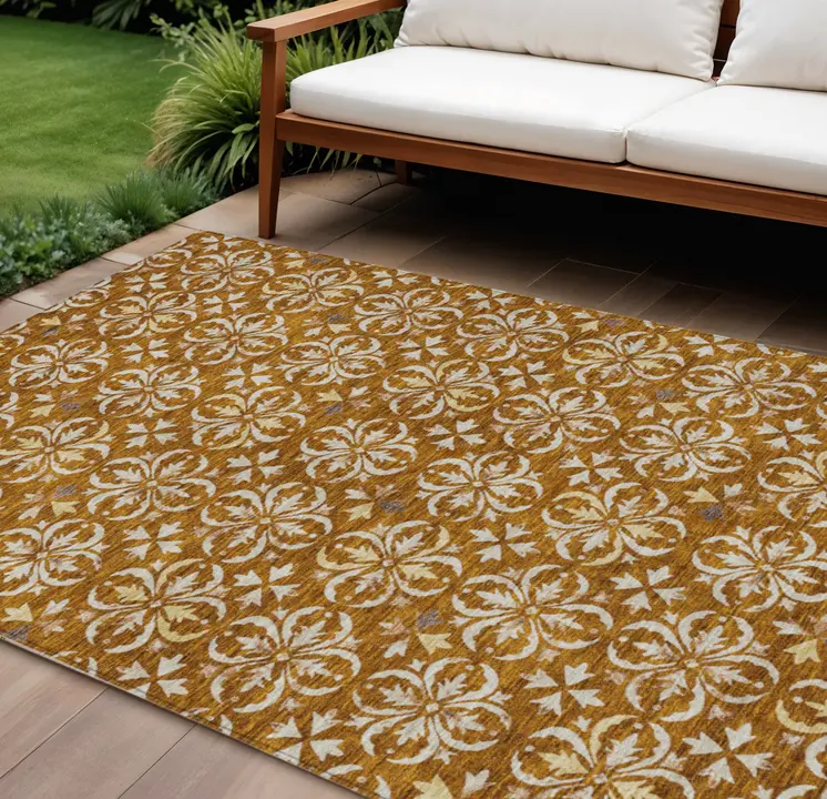 9' X 12' Copper And Beige Floral Washable Indoor Outdoor Area Rug