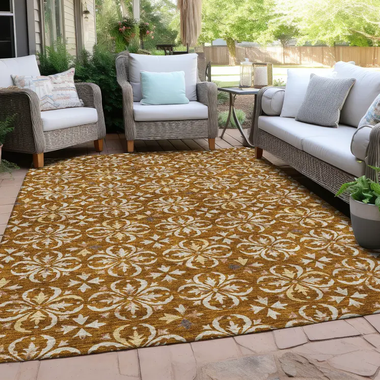 9' X 12' Copper And Beige Floral Washable Indoor Outdoor Area Rug