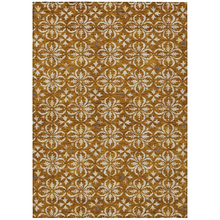 9' X 12' Copper And Beige Floral Washable Indoor Outdoor Area Rug