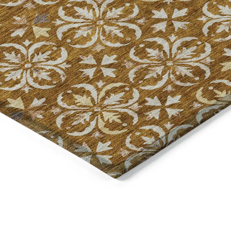9' X 12' Copper And Beige Floral Washable Indoor Outdoor Area Rug