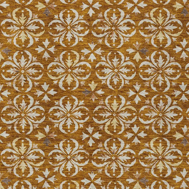 9' X 12' Copper And Beige Floral Washable Indoor Outdoor Area Rug