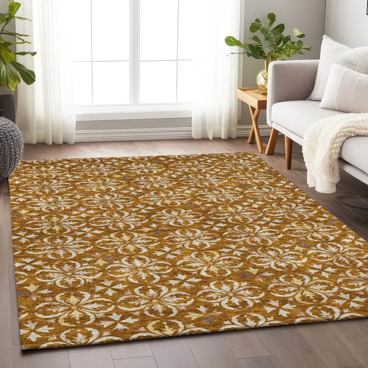 9' X 12' Copper And Beige Floral Washable Indoor Outdoor Area Rug