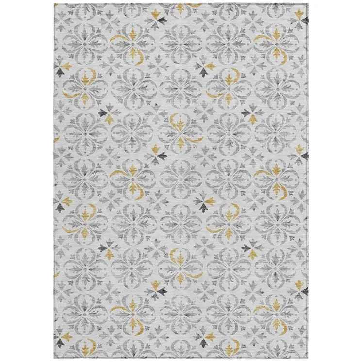 8' X 10' Silver Gray And Gold Floral Washable Indoor Outdoor Area Rug