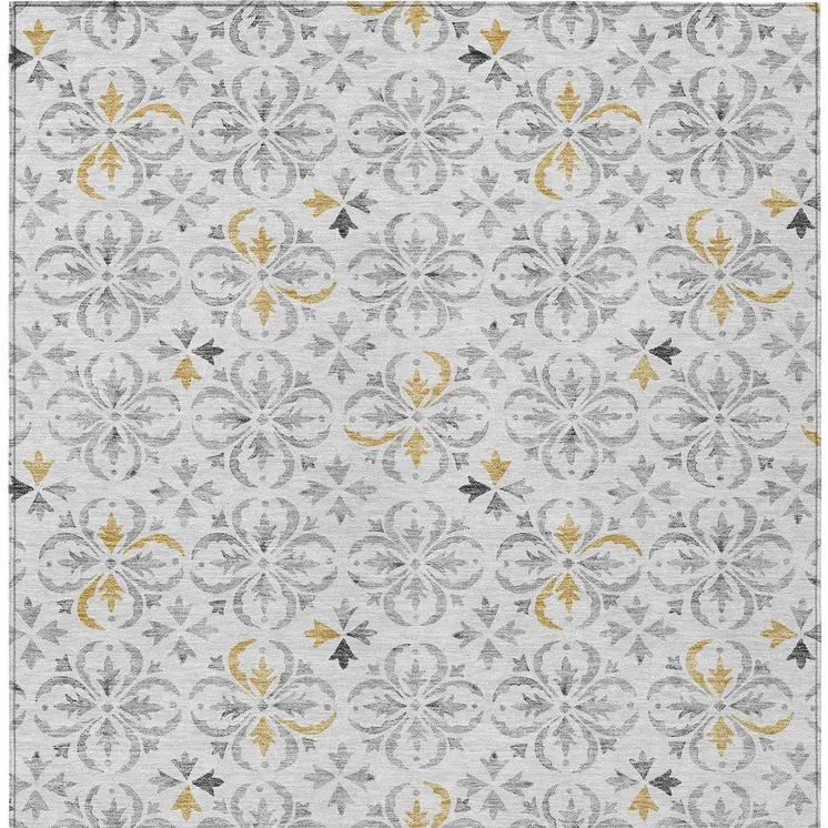 9' X 12' Silver Gray And Gold Floral Washable Indoor Outdoor Area Rug
