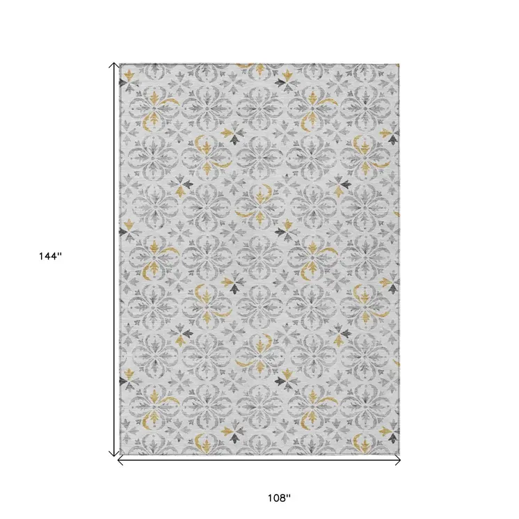9' X 12' Silver Gray And Gold Floral Washable Indoor Outdoor Area Rug