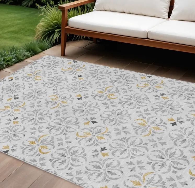 9' X 12' Silver Gray And Gold Floral Washable Indoor Outdoor Area Rug