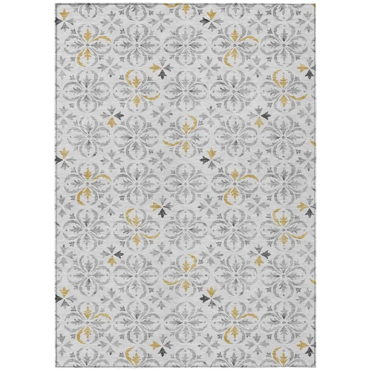 9' X 12' Silver Gray And Gold Floral Washable Indoor Outdoor Area Rug