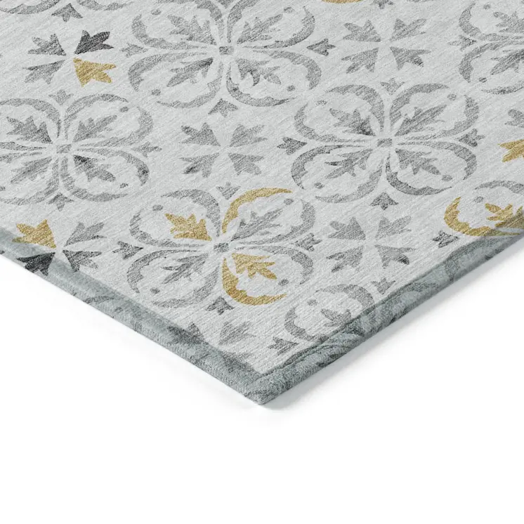 9' X 12' Silver Gray And Gold Floral Washable Indoor Outdoor Area Rug