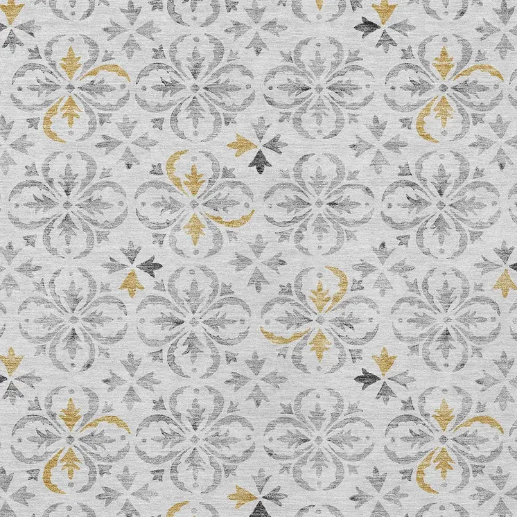 9' X 12' Silver Gray And Gold Floral Washable Indoor Outdoor Area Rug