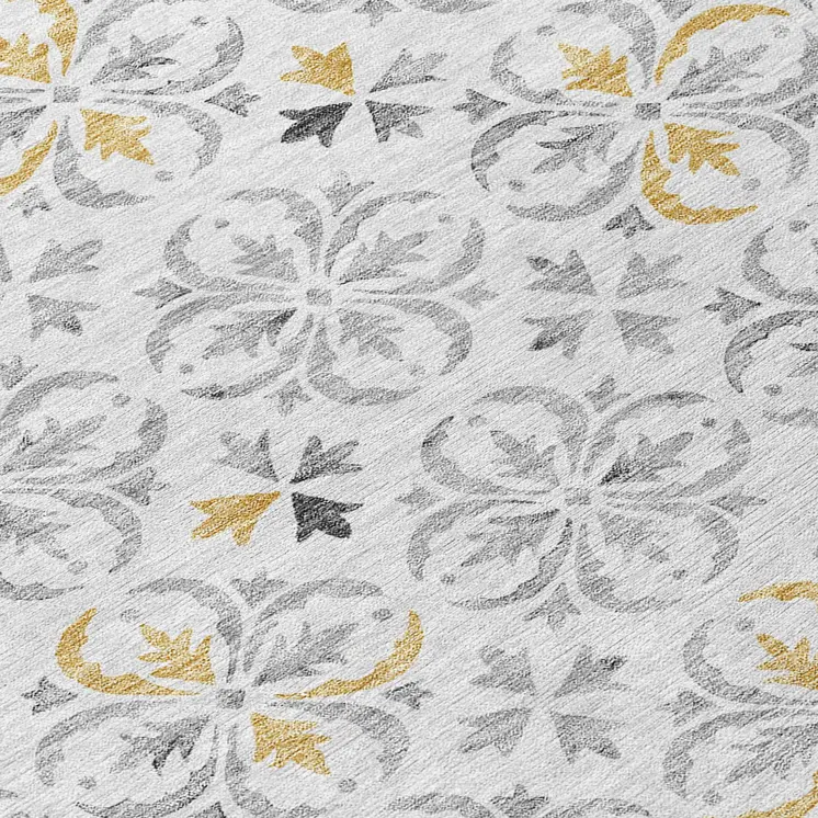9' X 12' Silver Gray And Gold Floral Washable Indoor Outdoor Area Rug