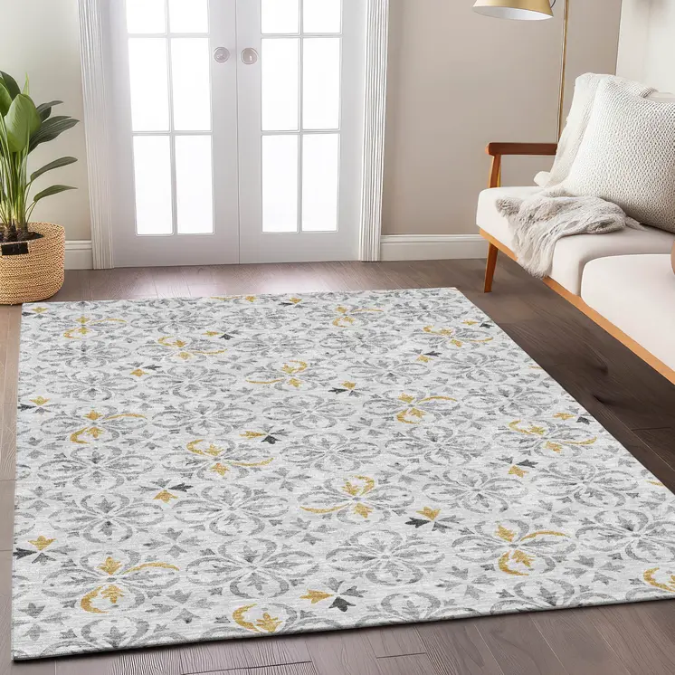 9' X 12' Silver Gray And Gold Floral Washable Indoor Outdoor Area Rug