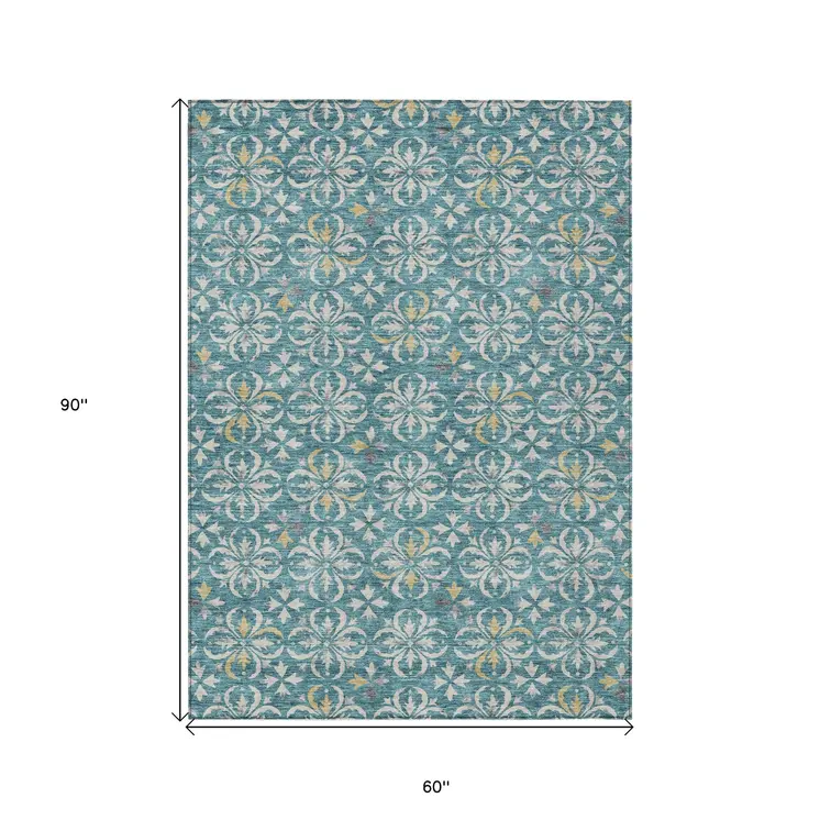 5' X 8' Teal Blue Gray And Gold Floral Washable Indoor Outdoor Area Rug
