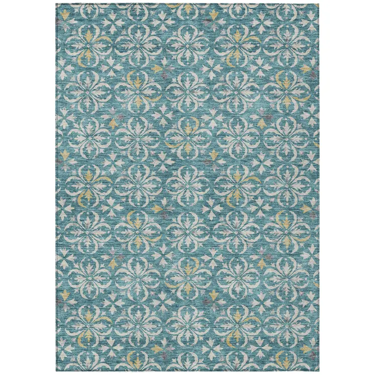 5' X 8' Teal Blue Gray And Gold Floral Washable Indoor Outdoor Area Rug