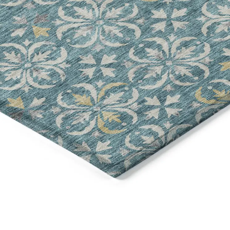 5' X 8' Teal Blue Gray And Gold Floral Washable Indoor Outdoor Area Rug