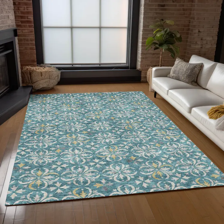 5' X 8' Teal Blue Gray And Gold Floral Washable Indoor Outdoor Area Rug