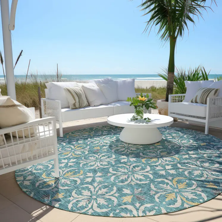 8' Teal Blue Gray And Gold Round Floral Washable Indoor Outdoor Area Rug