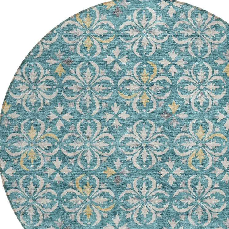 8' Teal Blue Gray And Gold Round Floral Washable Indoor Outdoor Area Rug