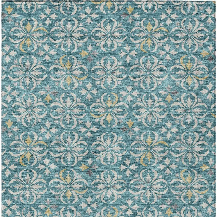 9' X 12' Teal Blue Gray And Gold Floral Washable Indoor Outdoor Area Rug