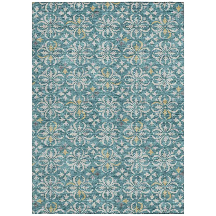 10' X 14' Teal Blue Gray And Gold Floral Washable Indoor Outdoor Area Rug