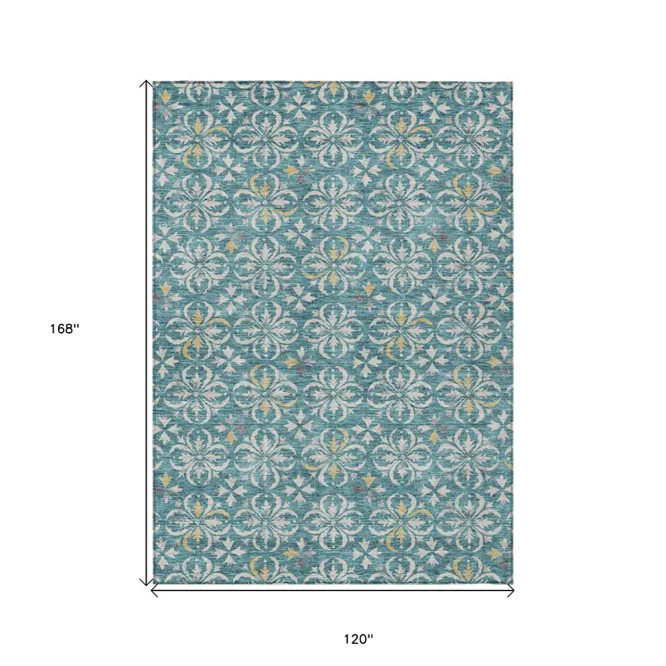 10' X 14' Teal Blue Gray And Gold Floral Washable Indoor Outdoor Area Rug