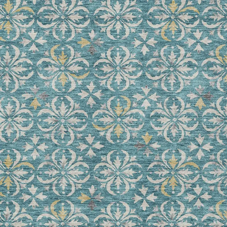 10' X 14' Teal Blue Gray And Gold Floral Washable Indoor Outdoor Area Rug