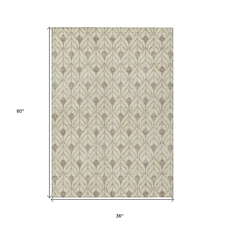 3' X 5' Beige And Taupe Geometric Washable Indoor Outdoor Area Rug