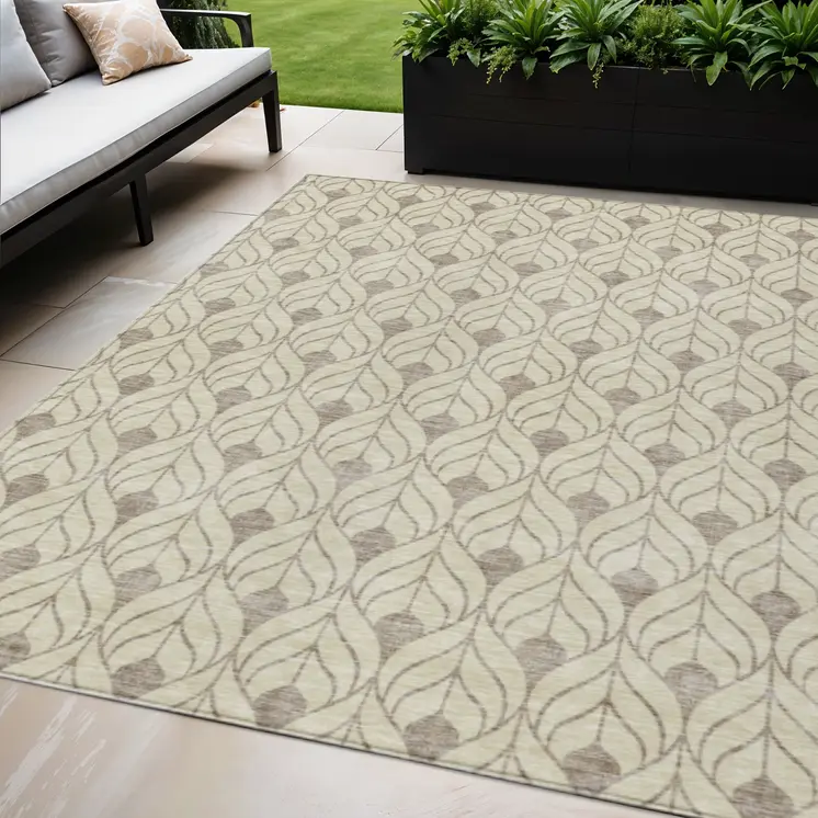 5' X 8' Beige And Taupe Geometric Washable Indoor Outdoor Area Rug