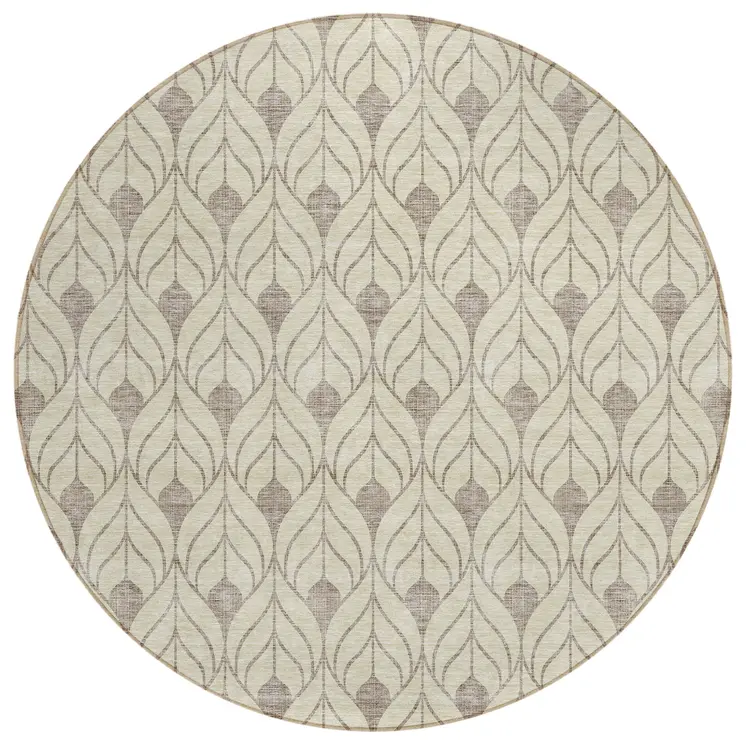 8' Beige And Taupe Round Geometric Washable Indoor Outdoor Area Rug