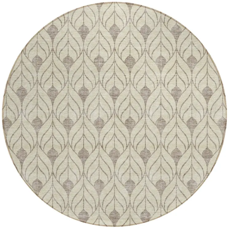 8' Beige And Taupe Round Geometric Washable Indoor Outdoor Area Rug